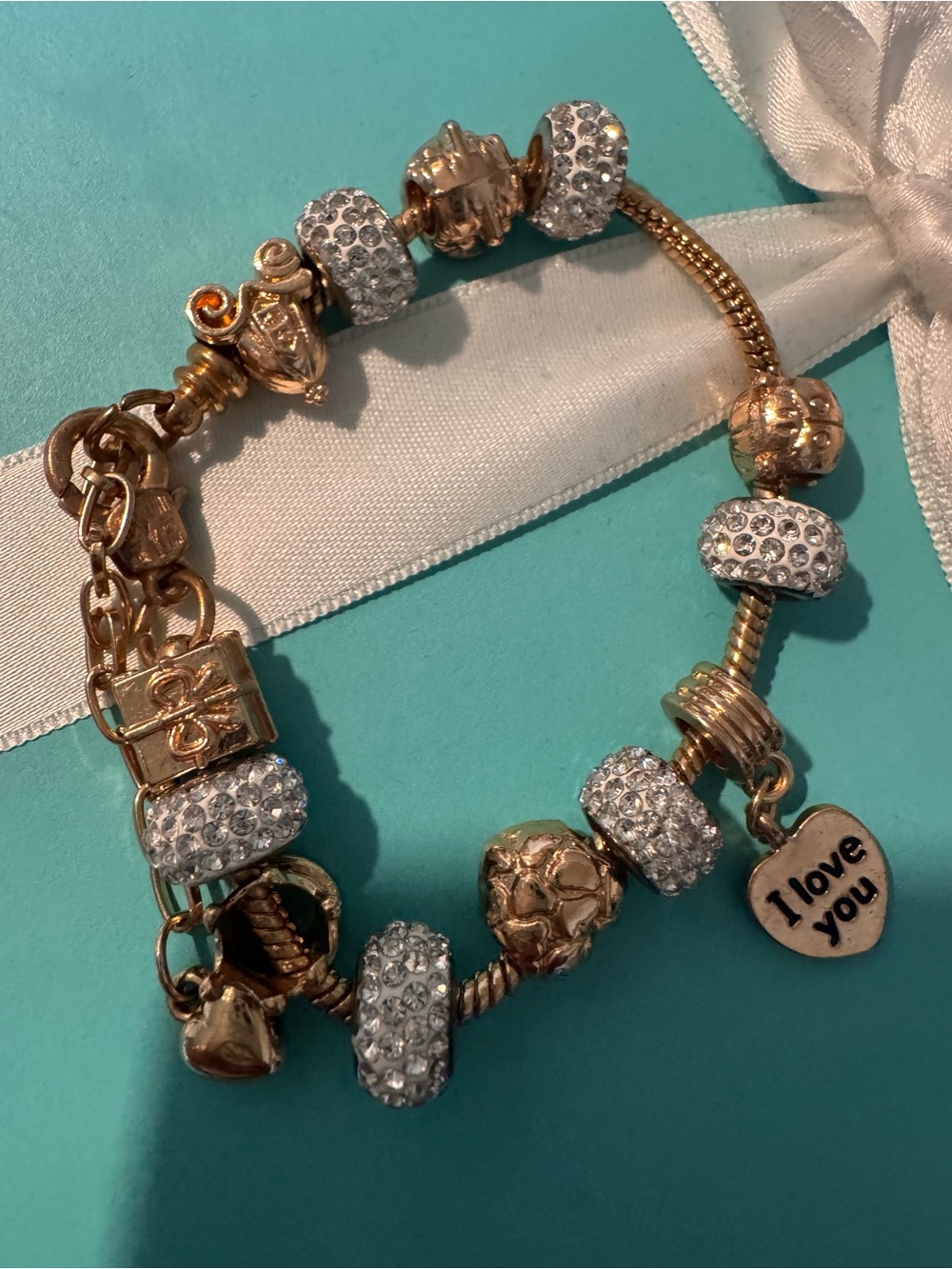 Gold-Tone Charm Bracelet with Clear Crystal Beads - I Love You Heart